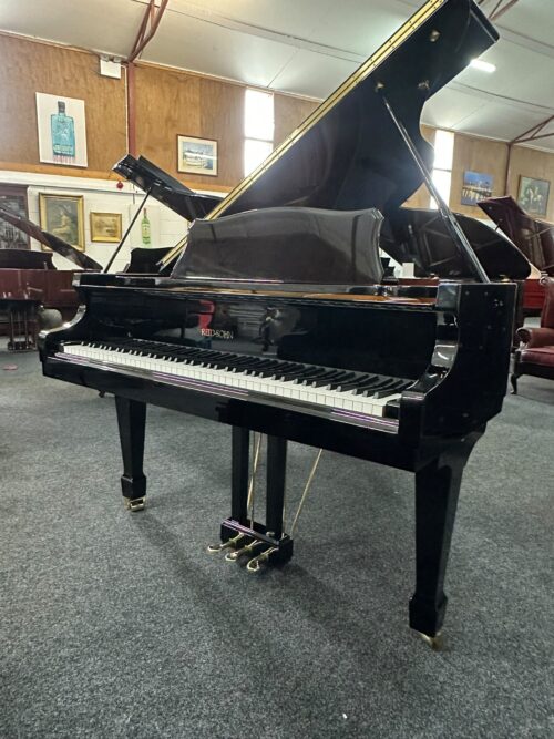 Shiny black grand piano with open lid in a showroom, framed art on wood-paneled walls behind it.